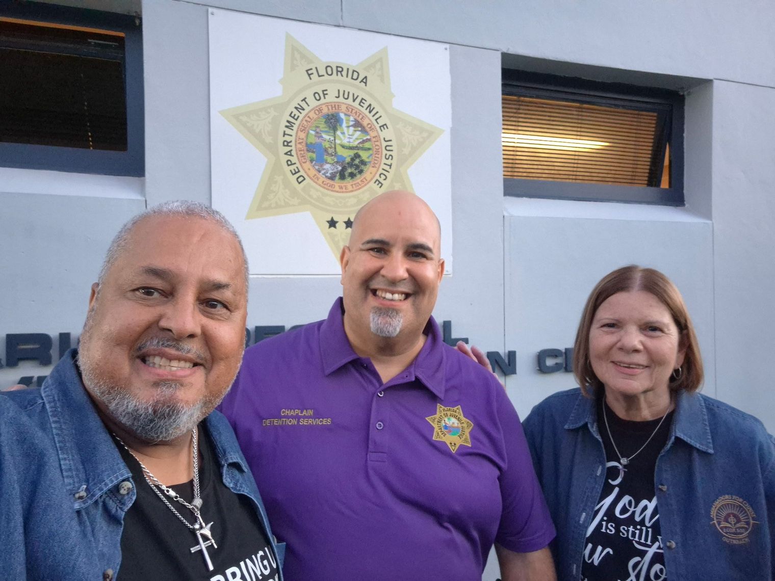 Evangelist Rick and Donna with Chaplain DeJesus following our ministry, outside the Ocala DJJ Facility.